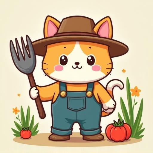 Cute cat depicted as a farmer. The cat is wearing a large hat and overalls. Holding a pitchfork with a friendly face. Surrounded by vegetables like tomatoes. Including flowers and green plants in the background.