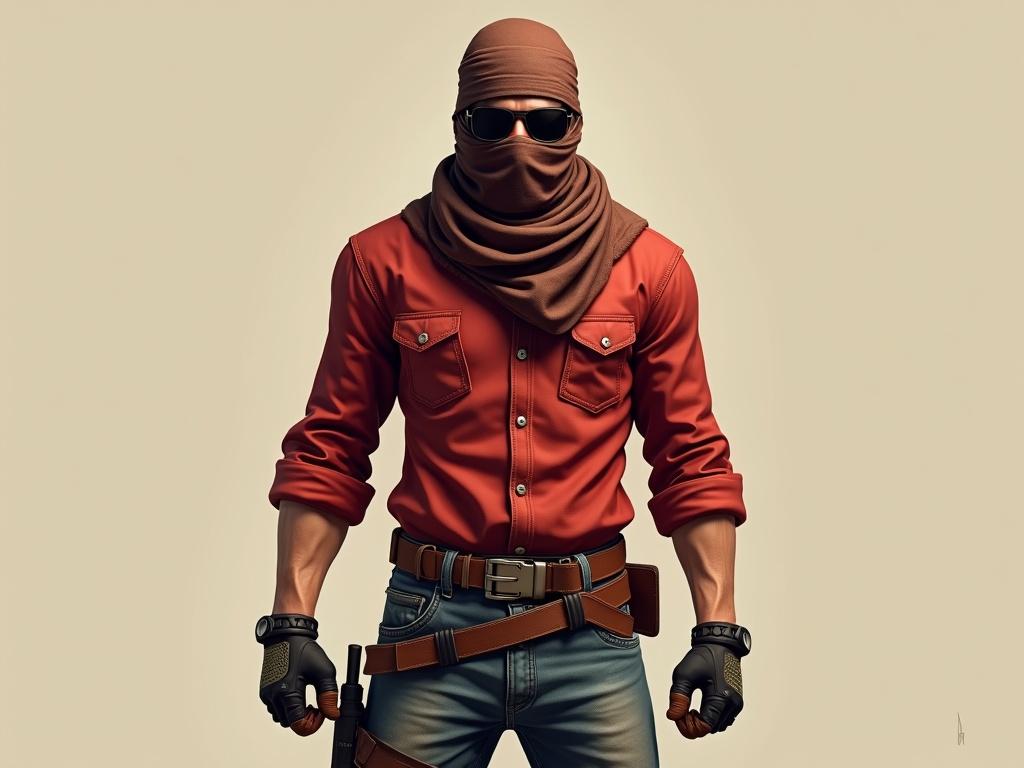 Fullbody image of a desert bandit video game character. Character wears a red shirt folded to the knee. A scarf covers the head and face. The character has sunglasses on the eyes. Tactical gloves on both hands. Worn jeans pants. Character posed in a T position with even lighting.