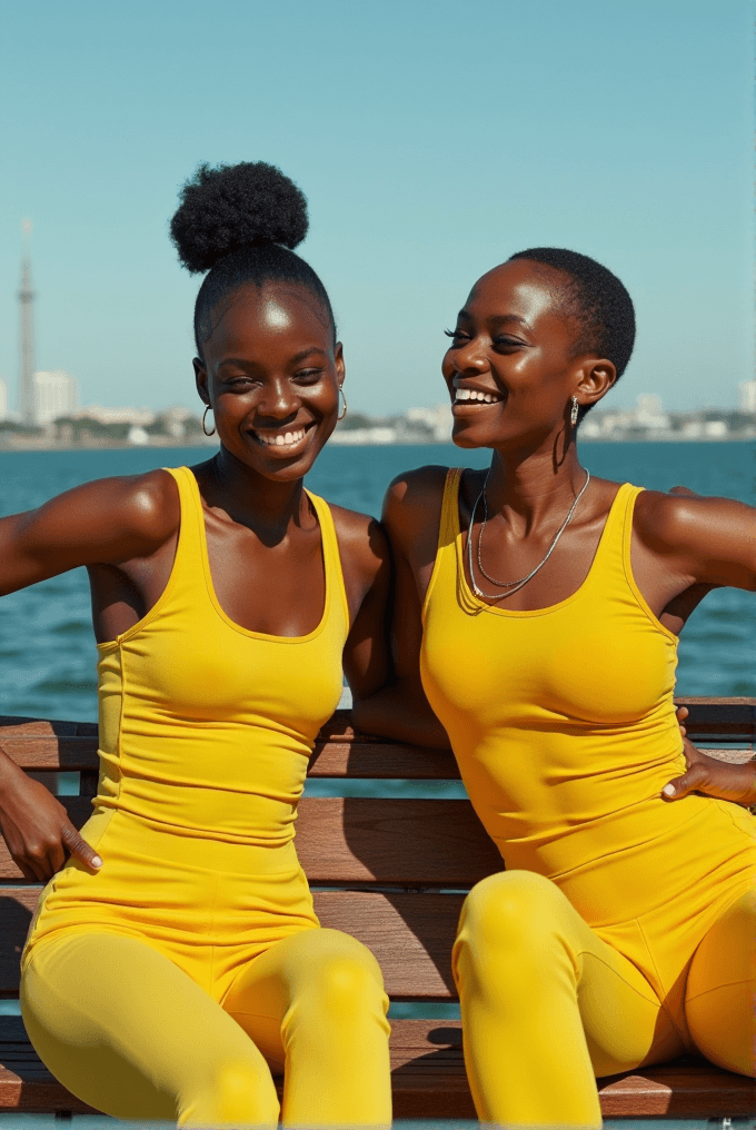 Two women in yellow outfits share a moment of joy seated on a bench by the waterfront on a sunny day.