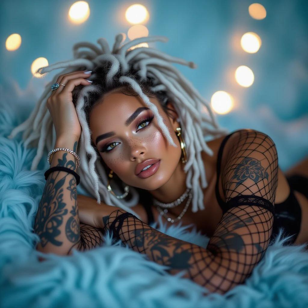 A figure lies relaxed on a blue fur surface. The character has messy white dreadlocks and bold eyes with freckles. Clad in fishnet, showing tattoos. Background features warm bokeh lights. The light enhances skin and fabric textures. The mood combines sensuality and individuality.