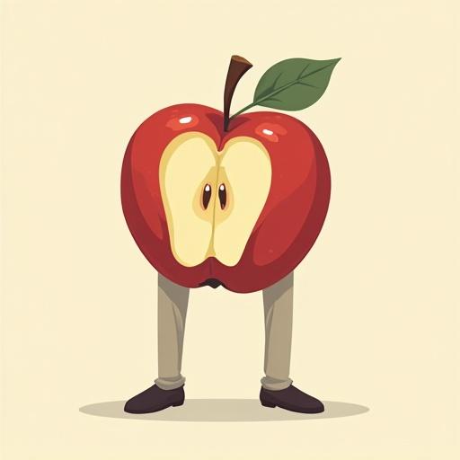 Minimalist flat vector illustration of an apple character with human legs. Exaggerated features like large torso and small head. Clean shapes and sharp color blocking. Expressive and playful posture. Simplistic clothing in neutral colors.