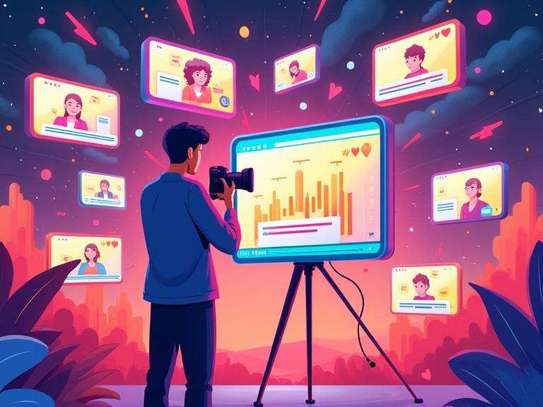 A digital illustration portrays a content creator filming a TikTok video. The background features floating screens with diverse content types like tutorials and storytelling. Colorful sound waves and dynamic text overlays represent trending audio. A stream with heart and share icons symbolizes engagement. The scene captures creativity and connection in TikTok content.