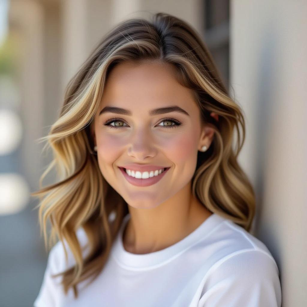 Young woman smiling brightly with soft hair. Natural lighting creates a warm atmosphere. Lizards have a cheerful expression and engaging gaze. The portrait is framed clearly showing her features.