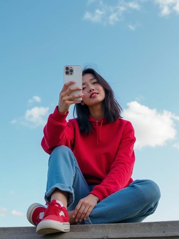 Full shot of a young woman sitting inside a giant Instagram app interface. She holds a phone, taking a selfie. She's wearing a red hoodie and blue jeans with red sneakers. The background features a blue sky with clouds. She looks at the camera.