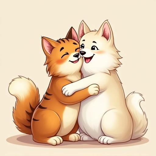A tabby cat hugging a Samoyed dog in a cartoon style. The cat is orange with stripes and the dog is fluffy and white. They show affection to each other.