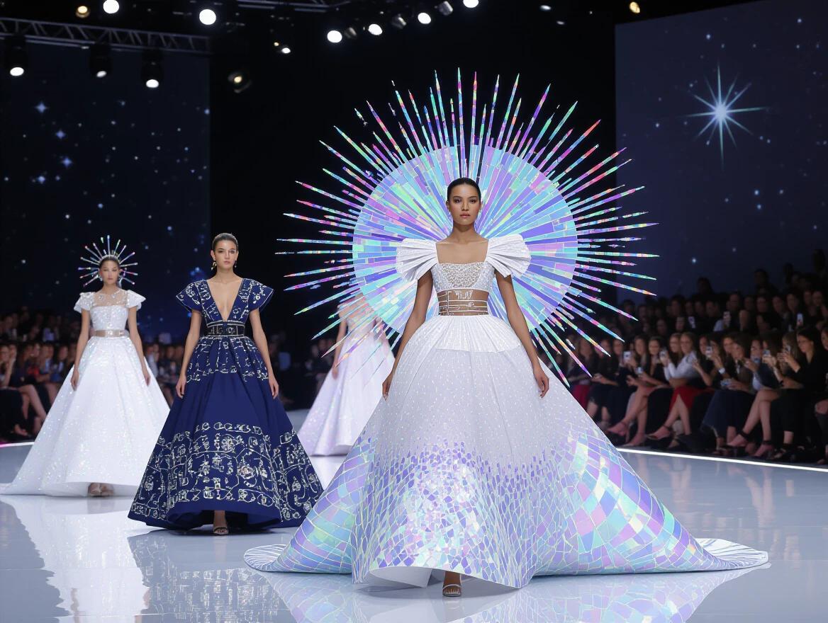 A fashion show features models walking on the runway. The atmosphere is radiant with a holographic and glimmering aesthetic. Models wear extravagant dresses in vibrant colors and patterns. A remarkable light display enhances the visual experience. The audience is captivated by the show.