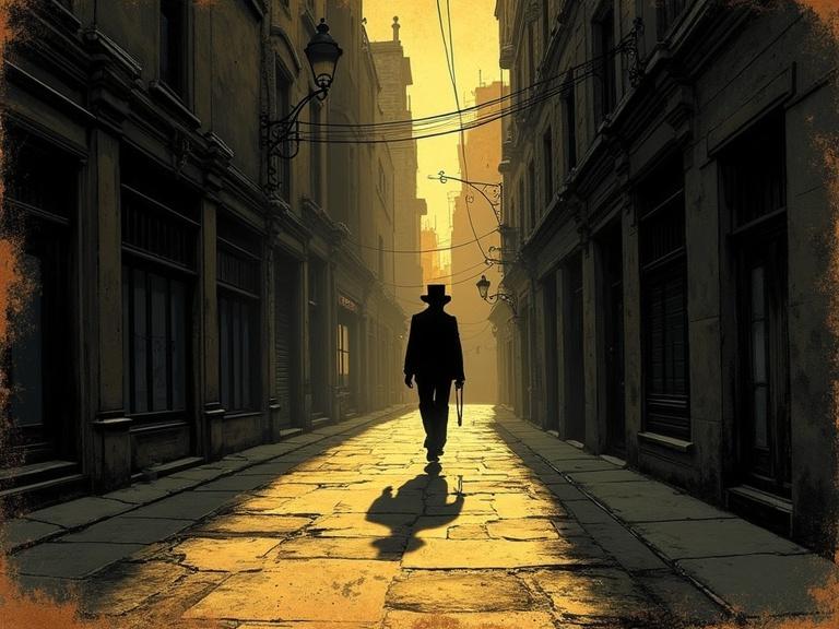 Silhouette of a lone figure walks down a dark alleyway in a vintage city setting. The scene features long shadows against cobblestone streets. Intricate details with a distressed, vintage aesthetic. Emphasis on noir lighting and golden hues.