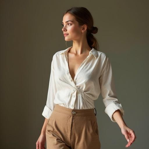 8K portrait of a beautiful woman from a village with an elegant symmetrical face and porcelain skin. She has warm almond-shaped eyes and flat eyebrows. Hair is light brown and tied back. Wearing a form-fitting linen blouse and high-waisted trousers. Emphasizes her refined figure and walking gracefully. Soft natural lighting with a clean background.