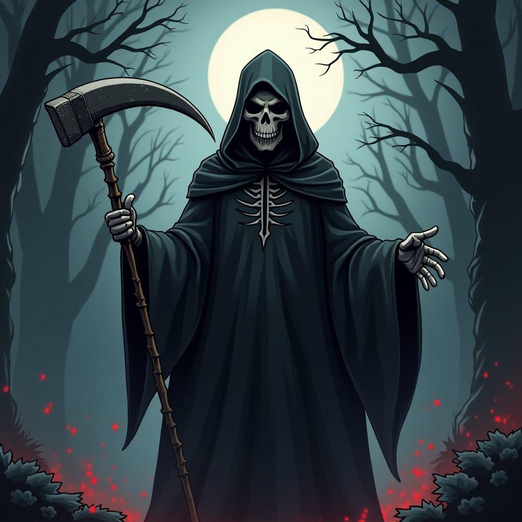 Cartoon representation of a Grim Reaper standing in a dark forest at night with a scythe. The scene is illuminated by moonlight, creating an ominous atmosphere. The character has a skeletal appearance with a cloak.