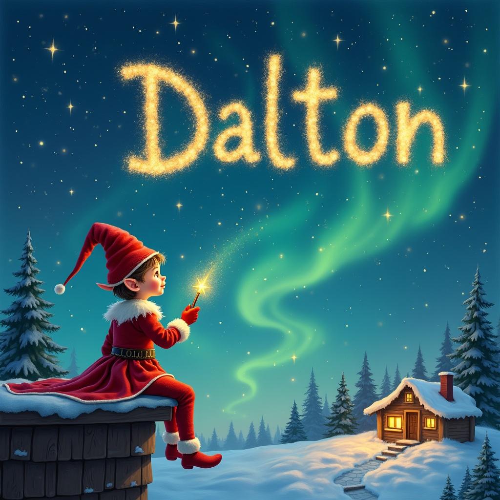 An elf uses a magical wand to write the name Dalton in sparkling letters against a starry night sky. The elf sits on a wooden ledge gazing at a magical sky. Dressed in a vibrant red outfit and a pointed hat, the elf holds a glowing wand, writing the name 'Dalton'. Below, a charming snowy landscape features little houses and evergreen trees, illuminated by the Northern Lights. The elf adds names to the sky, creating a magical atmosphere.