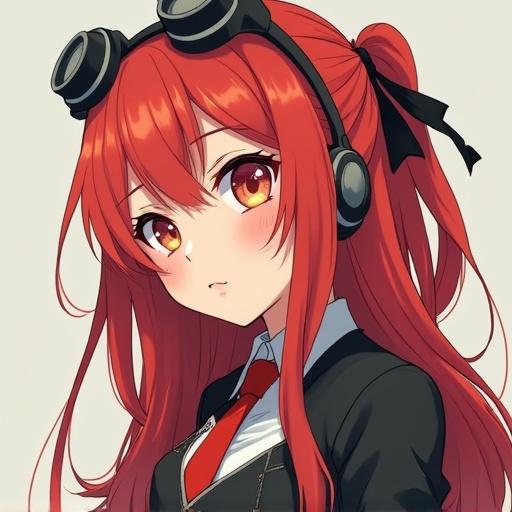 Anime girl with red hair wearing headphones. Character inspired by Team Fortress 2 style. Dressed in a suit with a tie. Fluffy red hair and large expressive eyes.
