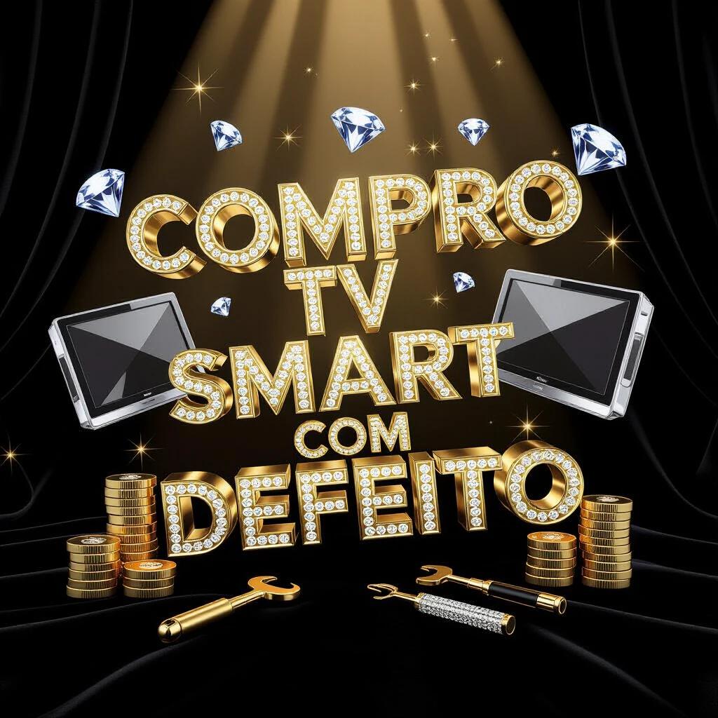 Luxurious advertisement featuring gold metallic 3D text. Text states 'COMPRO TV SMART COM DEFEITO' with perfect spelling. Elements: crystal-clear TV models, stacks of golden coins, premium metallic tools, sparkling gemstones. Background is rich black velvet with golden light rays and luxury particle effects. Aims for high-end jewelry store aesthetic with dramatic lighting and high-quality rendering.