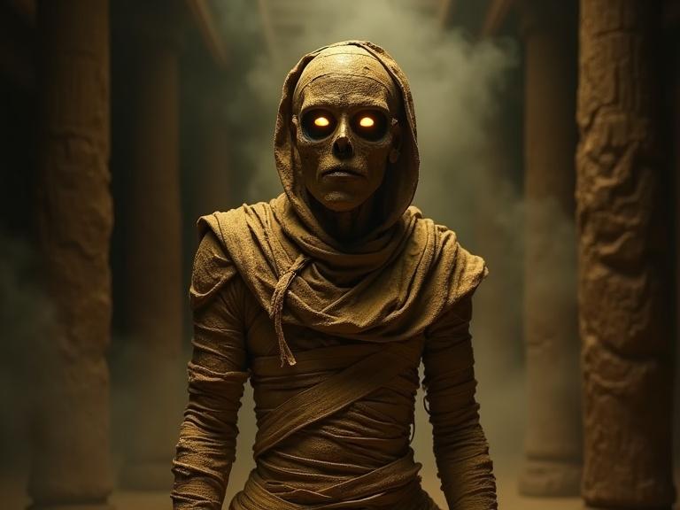 Cinematic mummy in golden royal wrappings turning its head slowly with ghostly mist and glowing eyes in a dark tomb background.