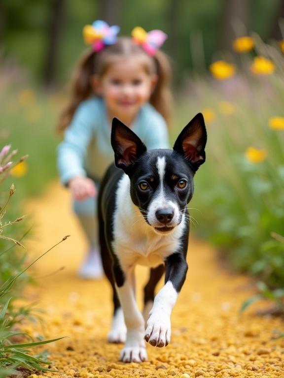 Hyperrealistic photography of a black and white Boston terrier walking on a yellow cobblestone path. In the background, a five-year-old girl with pigtails and colored bows appears.