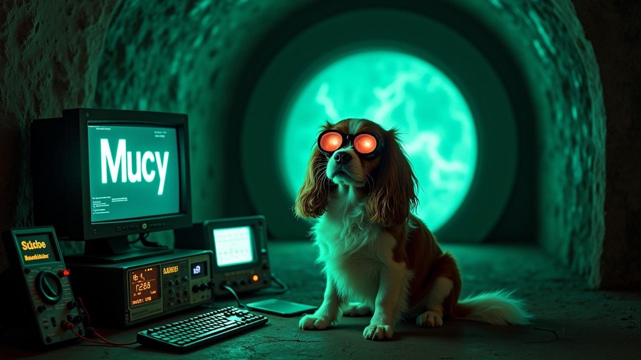 In a dark and eerie bunker, a fluffy Cavalier King Charles Spaniel is sitting next to a glowing portal to another dimension. The dog is wearing welding goggles that enhance its curious expression. Next to the dog, there are oscilloscopes and multimeters displaying various signals that suggest intense scientific activity. Lightning intermittently illuminates the scene, highlighting the dog's expressive face against the backdrop. On a nearby computer screen, the name 'Mucy' is displayed in a glowing green font, adding to the mystique of the setting. This image perfectly blends elements of technology, discovery, and pet companionship in a captivating manner.