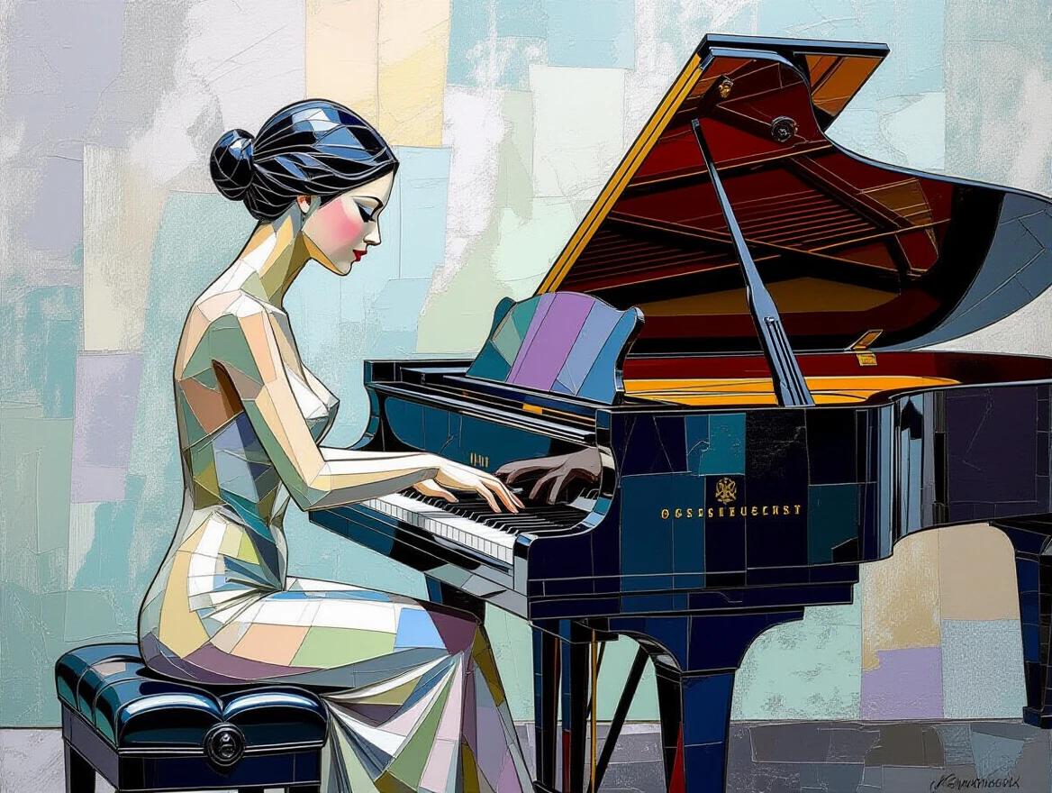 A nude woman statuette plays the piano with elegance. The art style is abstract and ethereal. It features iridescent ceramic tile and glass mosaic. The artistic approach mirrors the bold expressions of Rodin.