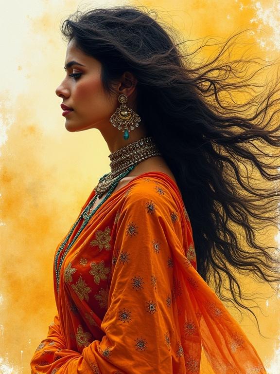 A woman in traditional Indian attire is adorned in jewelry. The image displays vibrant saffron colors. Hair flows gracefully in the wind. The backdrop is an abstract warm color. This is inspired by Himalayan landscapes. Attention to flow and elegance is evident.