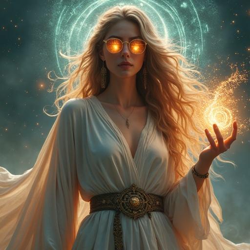 A full-body portrait of a majestic goddess stands proudly. She holds glasses loosely in one hand. Her bare eyes glow intensely with magical energy. Arcane runes swirl in her irises and around her body. Long hair and elegant robes are gently blown by the wind. Ethereal light surrounds her. Streams of magical energy flow from her eyes and fingertips. Celestial symbols float in the air. There are detailed textures on skin and fabric. The expression is powerful and serene. The atmosphere is enchanted.