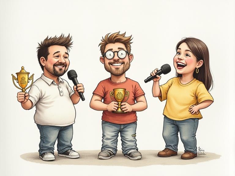 Drawing features three cartoon characters. One character on the left holds a trophy. The center character holds another trophy. The right character speaks into a microphone. All characters show expressions of happiness. Background is simple to focus on characters. Characters wear casual clothing.