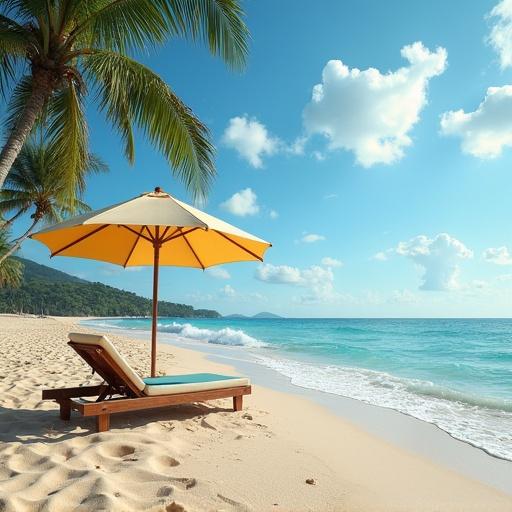 A sunny beach with a lounge chair and an umbrella. Clear blue sea and a sandy shore.