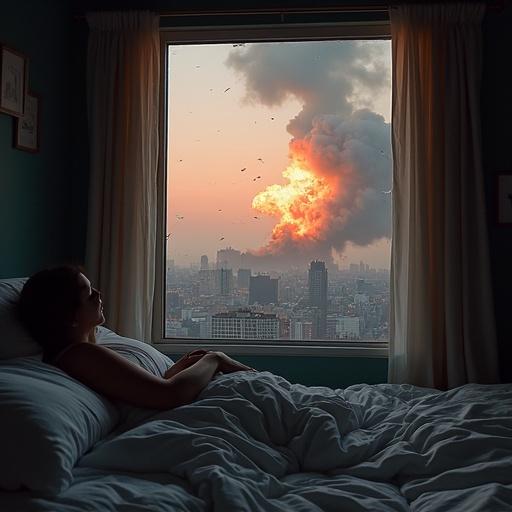 First person view from a bedroom. Look out a broken window at a city. A missile hits a building and explodes.