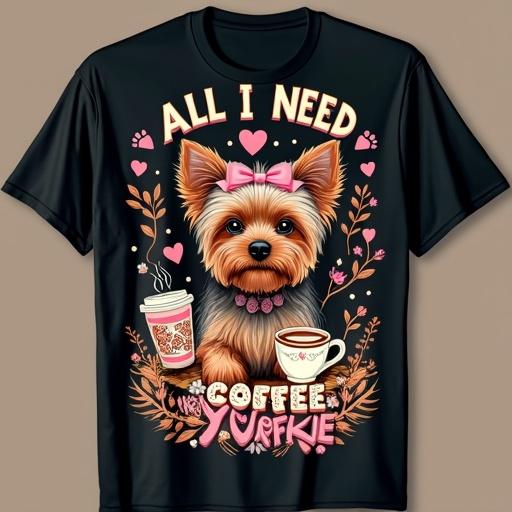 The image features a black t-shirt showcasing a colorful design of a Yorkshire Terrier puppy with a pink bow surrounded by coffee elements. The text reads 'ALL I NEED COFFEE AND YORKIE' prominently. Takeaway cups, a steaming mug, hearts, paw prints, and flowers enhance the illustration's whimsical feel. The style has a vintage look with soft shading.