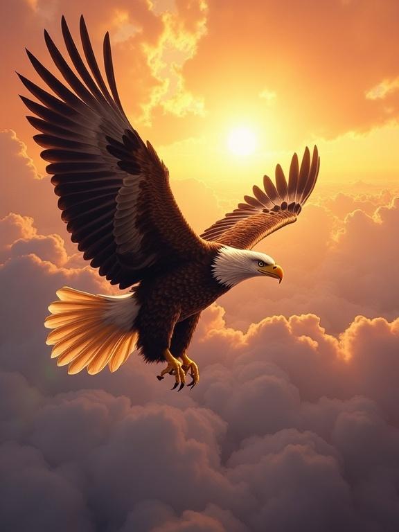 A hyper-realistic illustration shows a bald eagle flying above clouds. The eagle's wings are illuminated by sunset light. The clouds look thick and light orange. The eagle's feathers show intricate details. The expression on the eagle is powerful and serene. The overall feeling is one of freedom and grandeur. The style is painterly and dramatic.