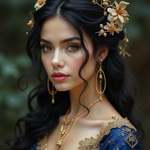 A woman with porcelain skin and deep midnight blue gown radiates magical beauty. Her golden amber eyes glow, framed by dark lashes. Hair cascades in waves with golden flowers intertwined. Surrounded by floating lotus flowers and a celestial backdrop, she embodies mysticism and elegance.