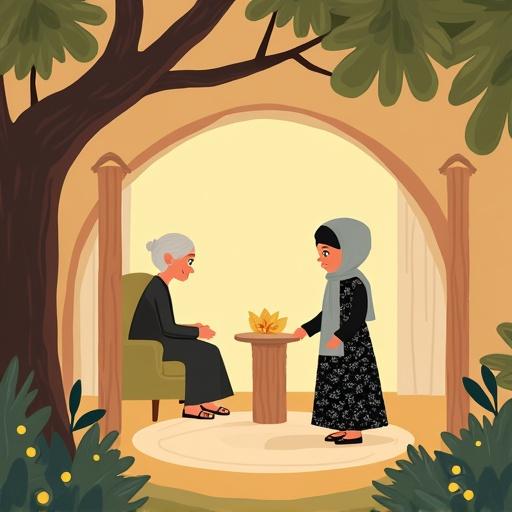 Warm flat-style children's illustration of Layla placing a center pillar in a symbolic wooden house with four pillars. A grandmother sits in an olive green chair. The scene has soft magical atmosphere with glowing trees and gentle lights. Flat cartoon style with warm lighting.