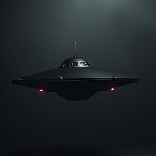 A 3D model of a UFO designed to look sleek and minimalist. The UFO is floating in a dark environment with an intimidating appearance. Glowing lights suggest angry aliens. The color scheme is predominantly black with sharp contrasts. Eerie ambient lighting enhances the atmosphere, making the shape appear menacing and unfriendly.