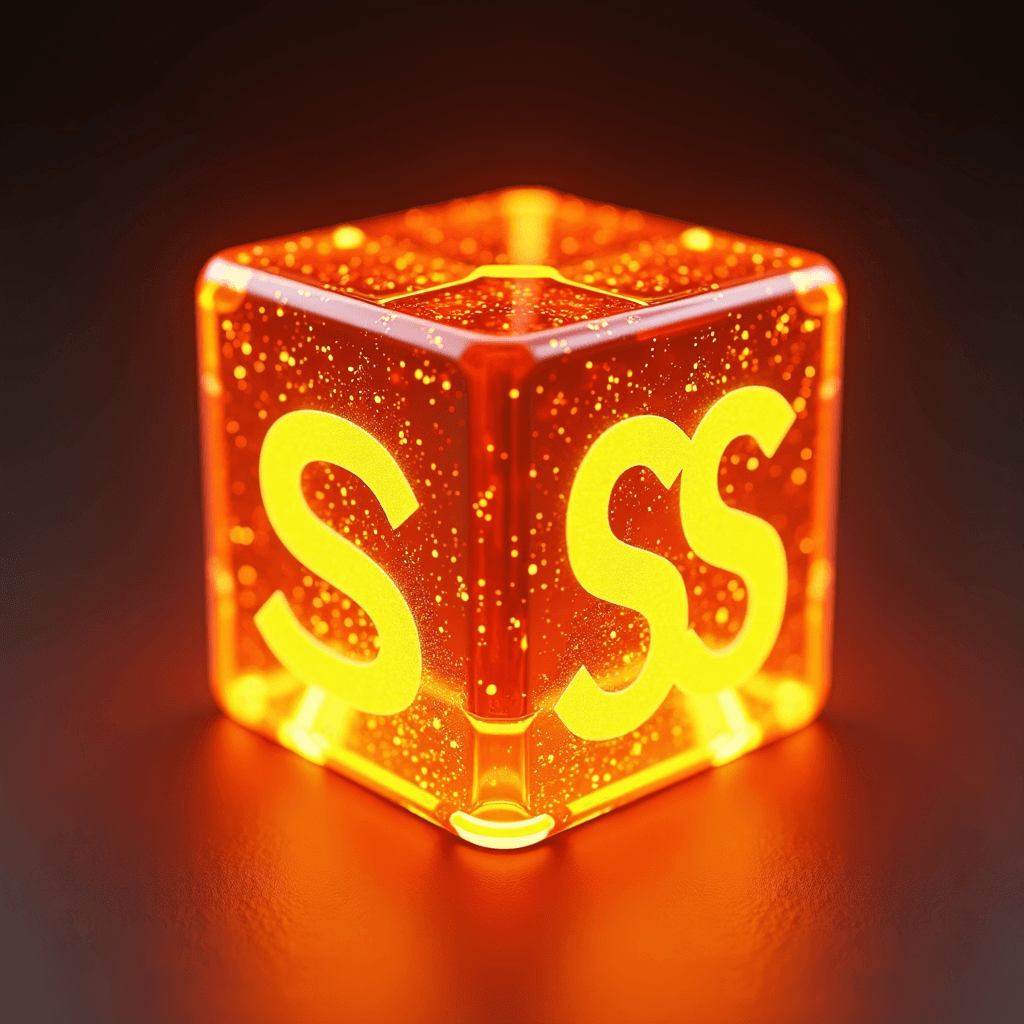 A translucent orange cube is illuminated from within, with glowing 'S' letters on its sides.