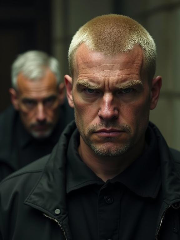 Ultra photorealistic image of a large man with blonde hair and dark clothing staring into the camera. Another man stands behind him looking over his shoulder. Both men have mean expressions.