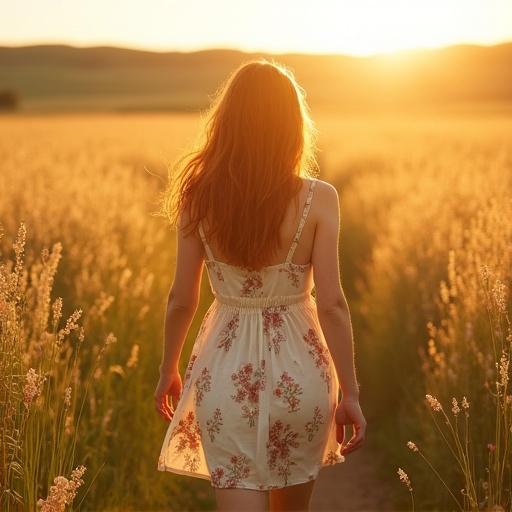 A girl walks in an open field during golden hour. She wears a floral sundress and has long red hair. The sunlight filters through grass and wildflowers. She moves slowly and gracefully, then turns to smile at the camera. The scene captures tranquility and natural beauty.