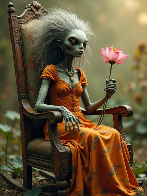 Elderly alien woman with gray hair in a torn orange dress. Sitting in a vintage rocking chair. Holding a lotus flower. Surrounded by golden light. Rustic and futuristic elements blend in surreal atmosphere.