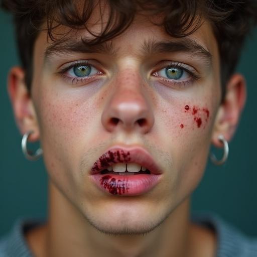 Close-up shot of a high school teenage boy with a rebellious look. Wound on the lips with blood visible. Earrings on the left ear.