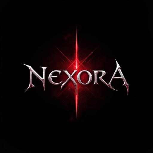 Dynamic logo design featuring the word 'Nexora' in a bold gothic-style font. Background gradient from black to deep red. Includes abstract shapes and glowing accents. Professional and artistic design for branding.