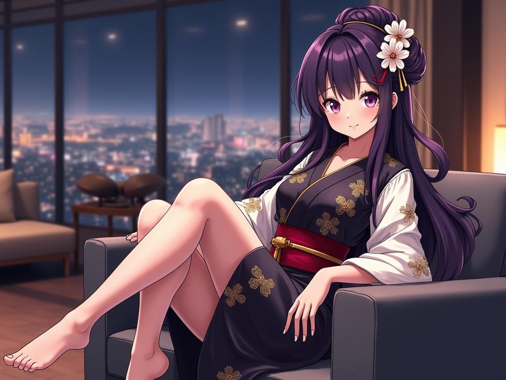 Full body view of beautiful anime lady seated on sofa. Dark violet hair in elegant updo with kanzashi. Large violet eyes with calm expression. Luxurious kimono with gold embroidery and red obi. Relaxed pose in stylish lounge with city view and warm lighting.