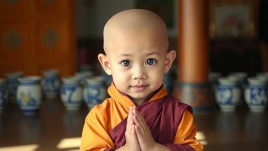 A young child dressed as a monk stands with hands folded in a calm, prayerful posture.