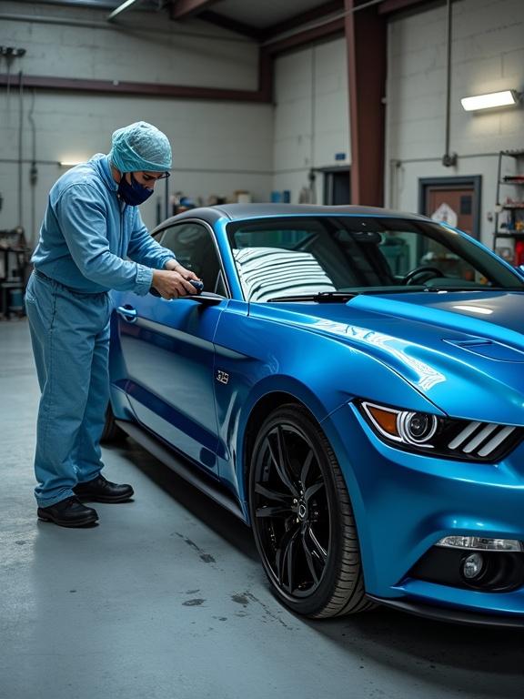 A professional automotive painter in detailed protective gear is focused while using a precision spray gun. The sleek ocean blue metallic car shines in a spacious industrial garage. Tools are organized around the concrete floor, lit by soft diffused lighting that highlights the car's finish. The bold blue color stands out against more muted surroundings, and reflections enhance its sleek curves.