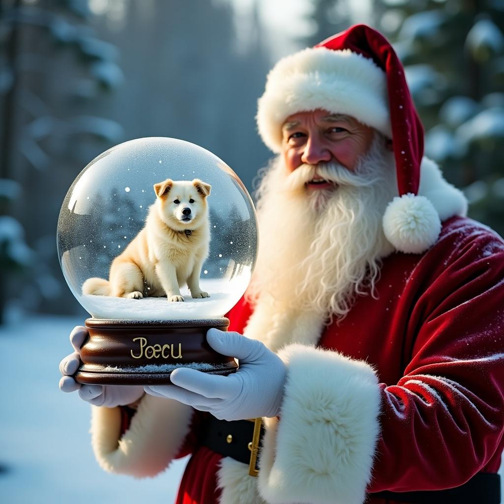 Christmas scene with Santa Claus wearing red and white suit. Santa holding a snow globe. Snow globe contains the name Bear and a Great Pyrenees dog. Snowy background in snow globe.