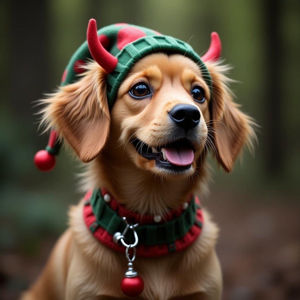 A festive dog with an elf hat. The dog showcases a joyful expression. The background is a blurred forest scene enhancing the holiday spirit.