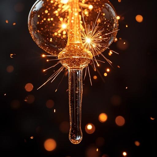 A glossy glaze dripping from a point. Sparkles illuminating the scene. Great contrast in light and color.