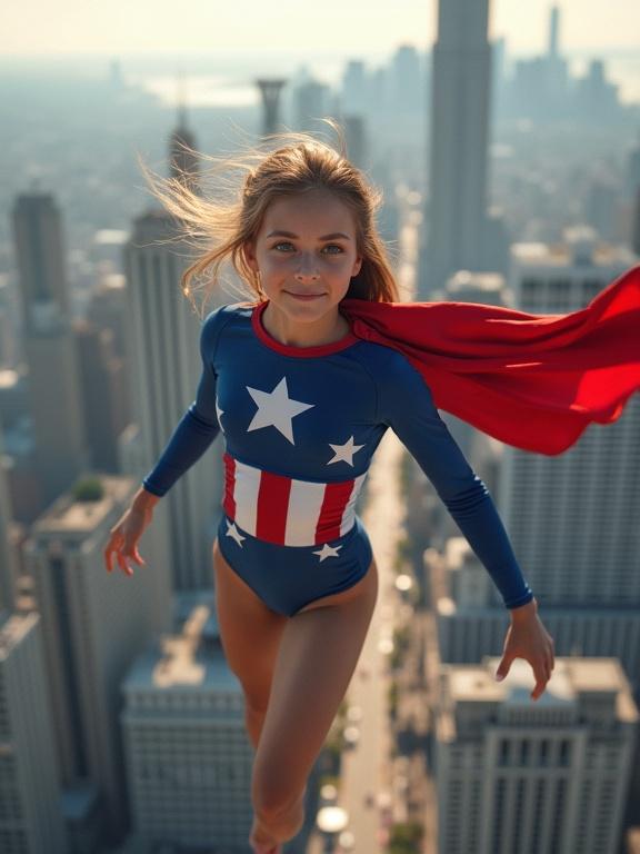 Photorealistic image of a teenage girl with an athletic physique soaring above a modern city in an American-themed superhero costume. She's wearing a blue leotard with red and white accents and a flowing red cape.