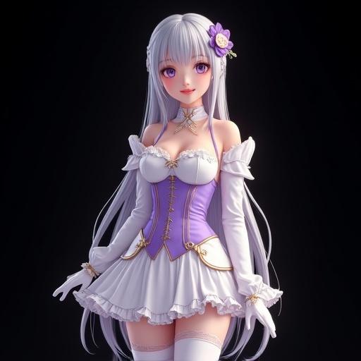 Digital realistic photograph of a young East Asian woman cosplaying. Detailed white lavender costume with gold accents. Long silver hair styled straight with side braid. Lavender contact lenses. Gentle smile. Thigh-high stockings and frilled skirt. Corset-style top with off-shoulder sleeves. Solid black background. Photorealistic style with studio lighting.