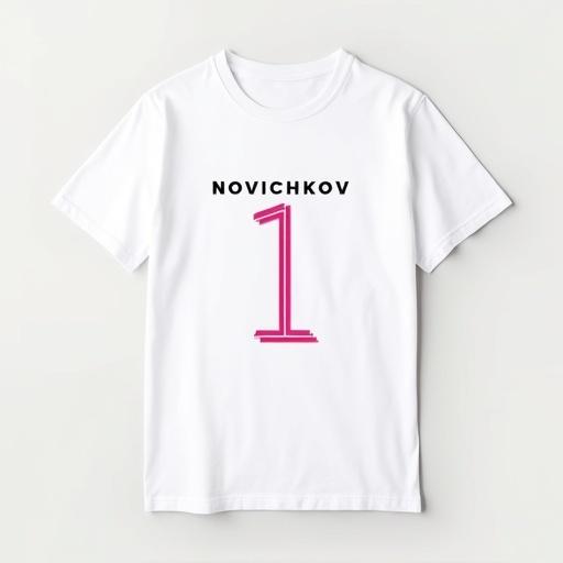 Crisp white t-shirt features bold modern print. Text 'NOVICHKOV S' in geometric font slightly distorted. Number '1' beside it with neon outline. Clean lighting highlights sharp fabric texture. Plain background. Urban minimalist style.