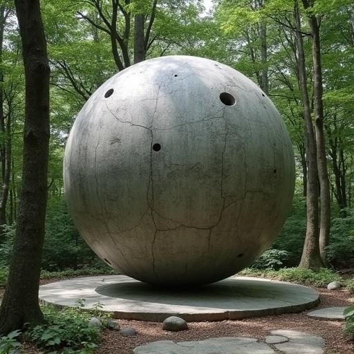 Large spherical granite sculpture in a forest depicting Plato's story of spherical humans. Surrounded by trees and soft ground.