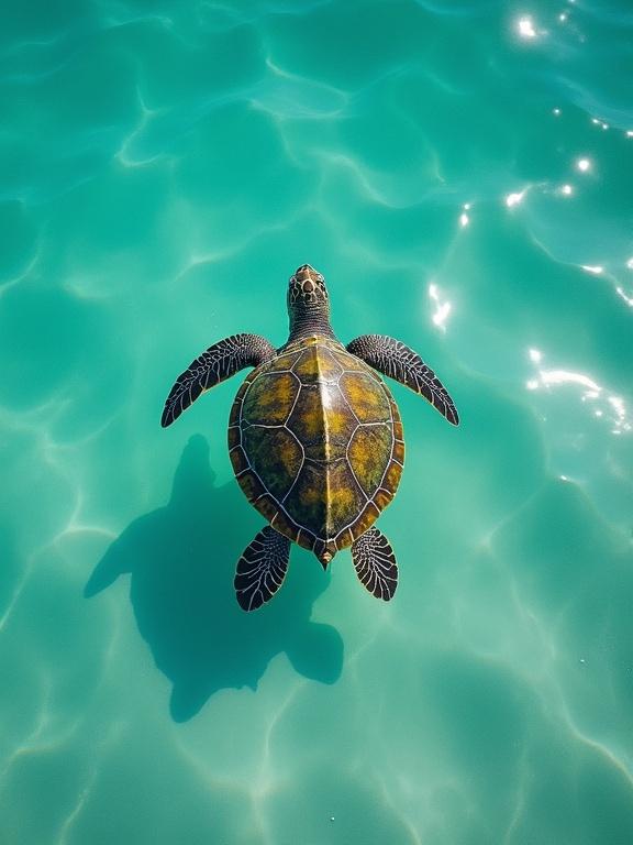 Ultra-realistic drone view of a green sea turtle gliding slowly over shallow turquoise water. Ripples of sand are visible below the turtle, with sunlight patterns dancing on its shell.