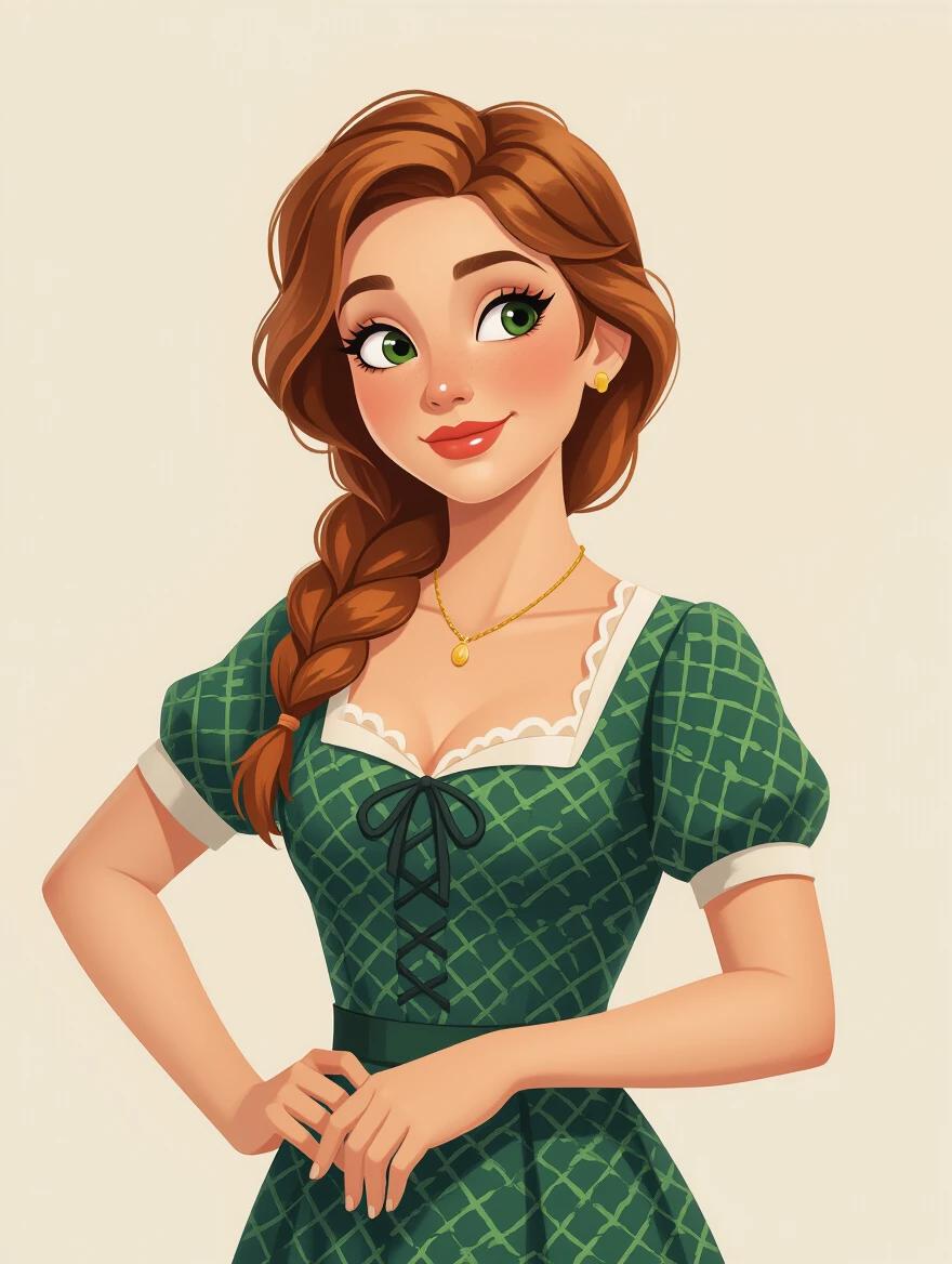 Create a female character with delicate features and an oval face. Pale and smooth skin with a hint of rosy cheeks. Large and expressive dark eyes with subtle eyeliner. Small and delicate nose and defined lips in a natural red tone. Short straight hair with a fringe. Two side-tied ponytails with white bows. Serene expression with a subtle smile. Dress in a fitted white tank top and green dress. Background with soft lighting in an indoor setting.