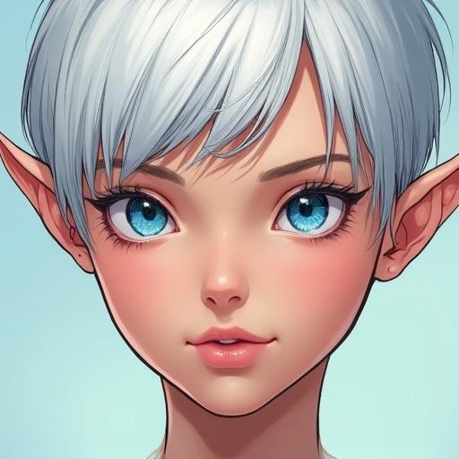 Ultra-detailed portrait of an elf girl. She has white pixie hair. Soft skin and blue eyes. Gentle expression. Smooth lines and shading. Comic book style. Soft and diffused lighting. Best quality.