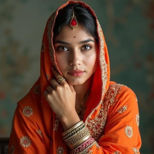 Portrait of a woman in traditional Pakistani attire. She wears an orange dupatta with intricate embroidery and elegant jewelry. The background is softly blurred, enhancing her expression.